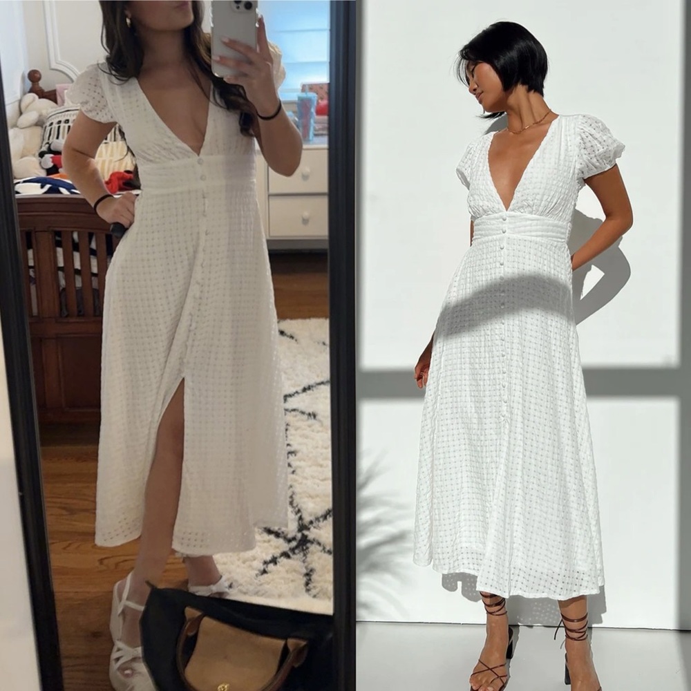 Princess Polly Attal White Deep V Puff Sleeve Button Front Midi Dress